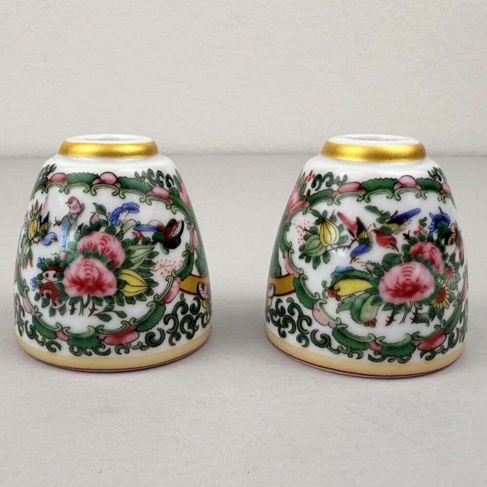 Williams Sonoma Famille Rose Tiny Taper Candle Holders Set Floral Porcelain Pair